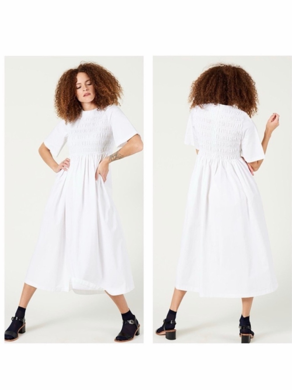 Sandy Liang White Midi Dress Smocked Cotton Poplin XS Casual Cottage Summer 🟡
